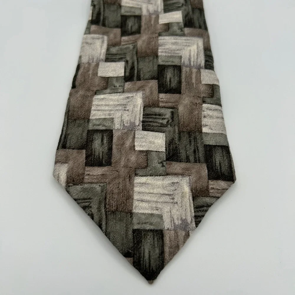 Pierre Cardin Necktie Geometric Blocks Mens OS Grey Brown Silk Vintage 90s